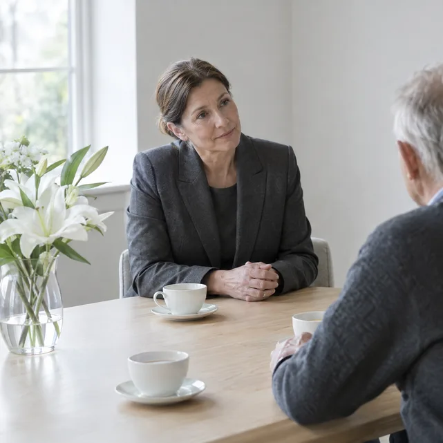 A funeral director listening to a couple across a table