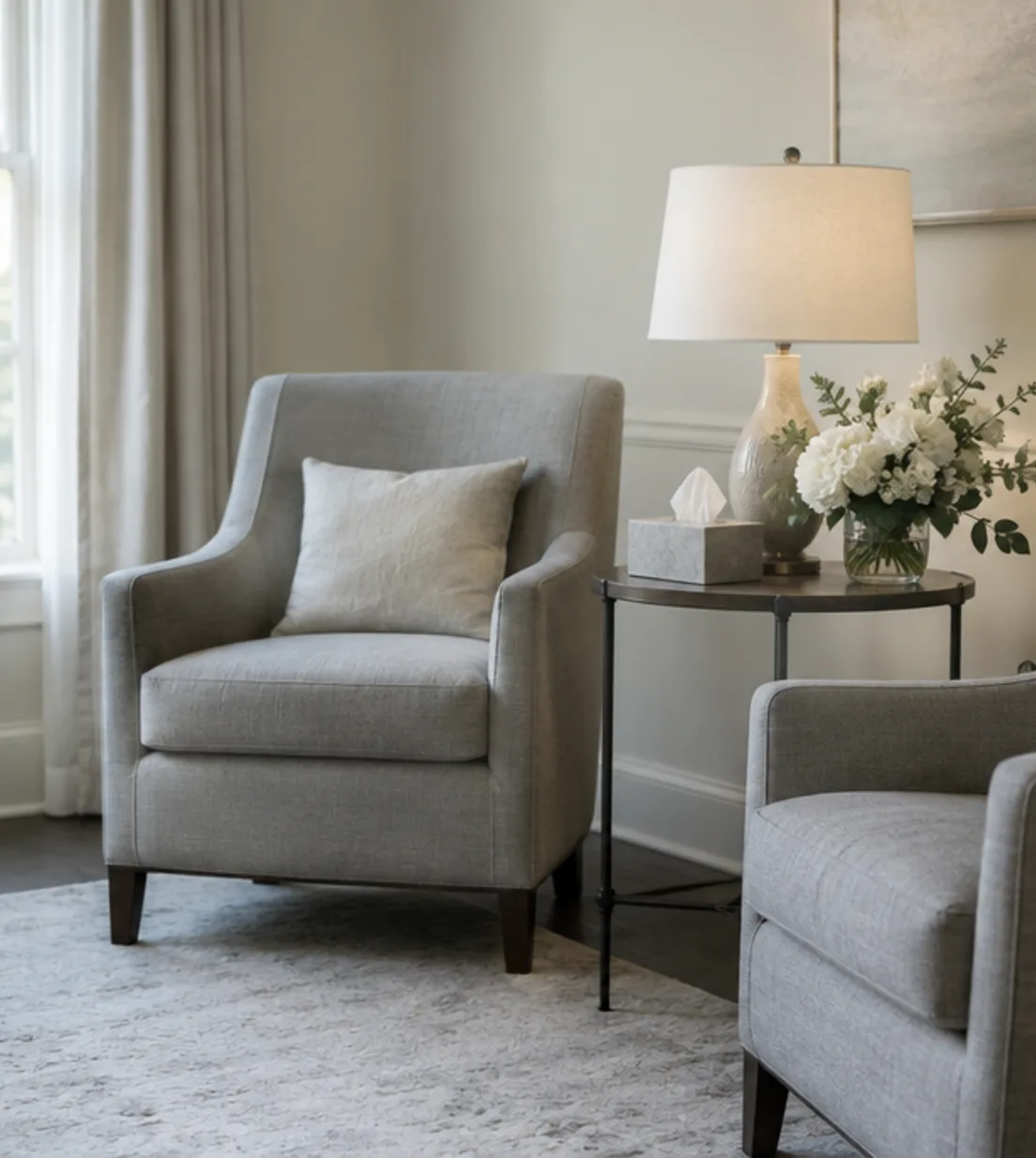 Our arrival room, with two armchairs and flowers