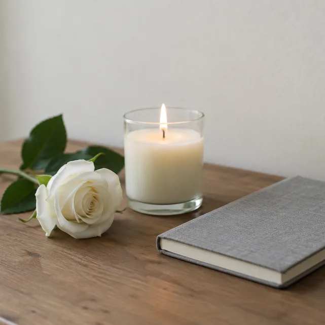 A white rose, a candle and a notebook on a table