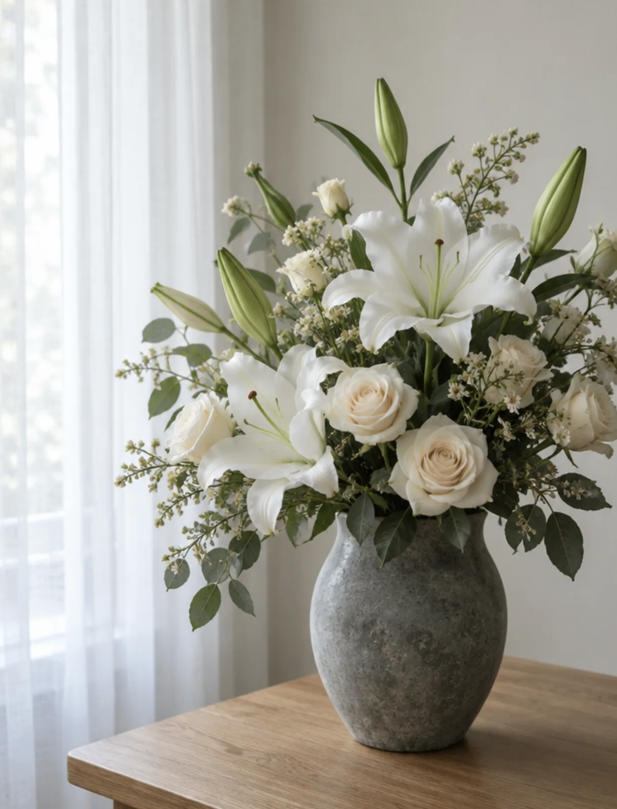 White lilies and roses in a stone vase by a window